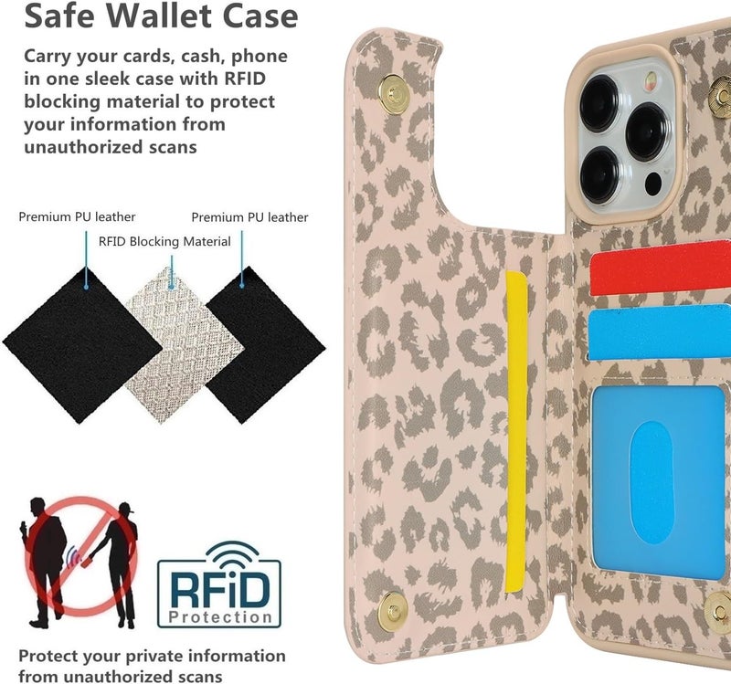 iCoverCase Compatible with iPhone 15 Pro Max Wallet Phone Case with Card Holder for Women Men, [RFID Blocking] Card Slots PU Leather Protective Wallet Case 6.7 Inch (Beige Leopard) - Image 4